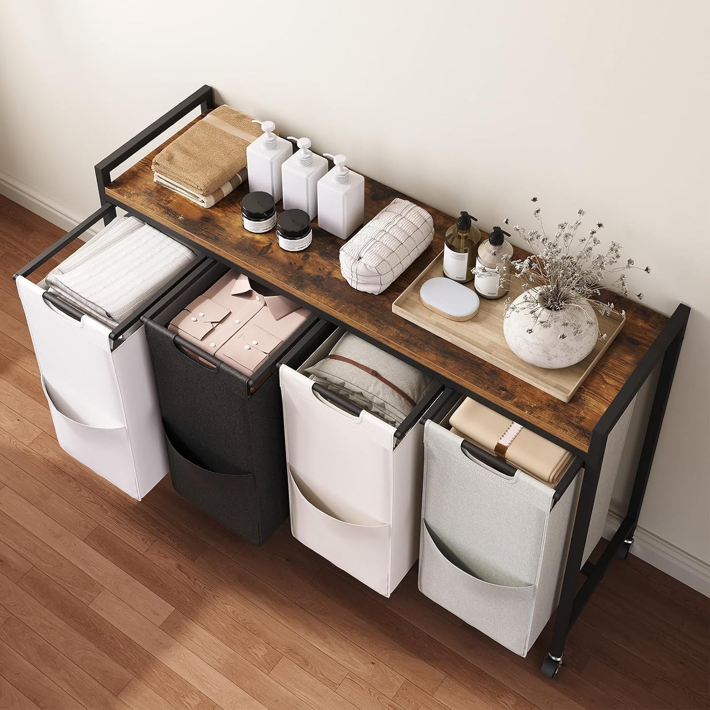 HOOBRO Laundry Sorter 4 Sections, Laundry Hamper with Wheels, 4 × 10.5 Gal (40 L), Rolling Laundry Basket, Pull-Out and Removable Oxford Fabric Bags, Rustic Brown and Black BF04XY01