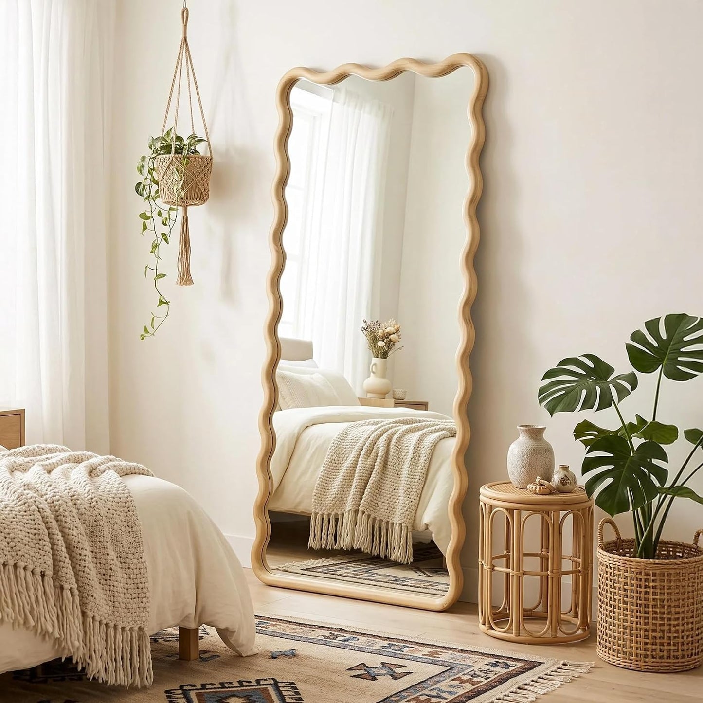 Full Length Mirror, 55"x28" Boho Wavy Wood Floor Mirror, for Bathroom, Bedroom, Living Room, Cloakroom, Entryway