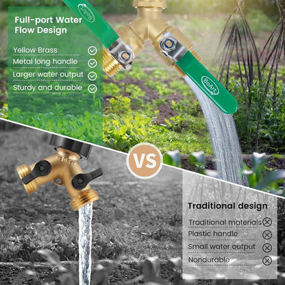 BoArt Brass Garden Hose Splitter 2 Way Heavy Duty, Y Valve Hose Splitter With Stainless Steel Long Handle, 3/4" GHT Thread Y Valve Water Garden Hose Tap Adapter