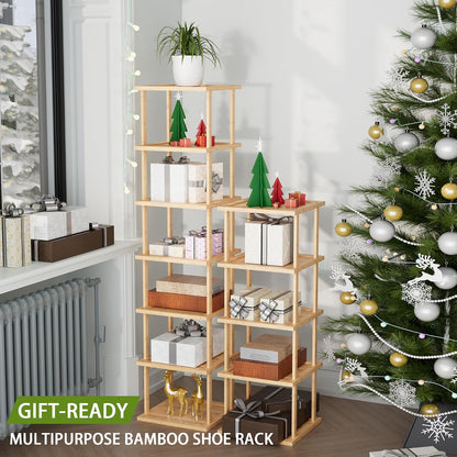 Vertical Tall Shoe Rack Organizer for Entryway -7 Tier Free Standing Slim Narrow Bamboo Wood Corner Stackable Shoe Boots Storage Stand Small Spaces for Closet Garage Cloakroom Living Room (Black)
