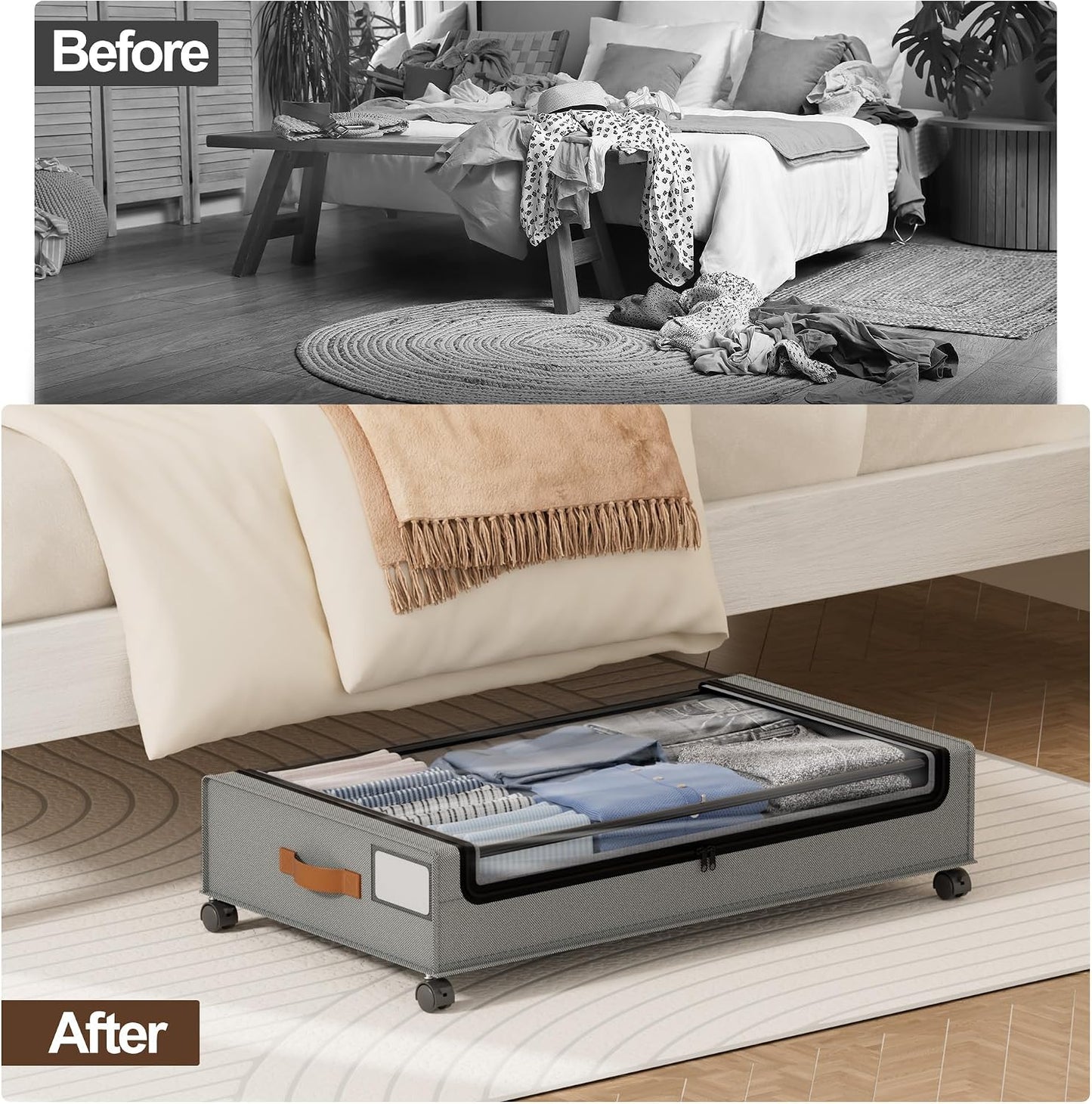 LAMU Under Bed Storage with Wheels, 2 Pack Under Bed Storage Containers with Clear Lid, XXL 60 L Underbed Storage Bins, Rolling Under Bed Metal Drawers for Clothes, Blankets, Shoes, Black
