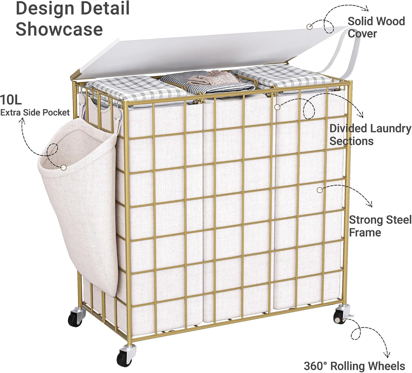 Laundry Basket with Wheels, Heavy Duty Laundry Sorter 2 Sections, 120L (32Gal.) Large Capacity Laundry Hamper with Wood Lid, 360 Rolling Wheels, Extra Side Pocket, Leather Pull Handle, Beige