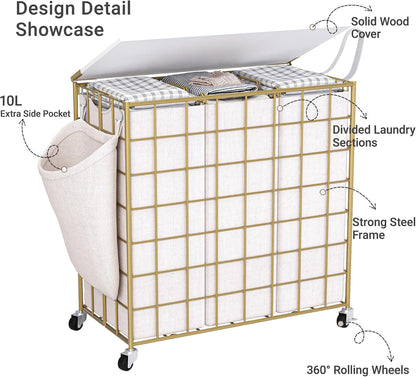 Laundry Basket with Wheels, Heavy Duty Laundry Sorter 2 Sections, 120L (32Gal.) Large Capacity Laundry Hamper with Wood Lid, 360 Rolling Wheels, Extra Side Pocket, Leather Pull Handle, Beige
