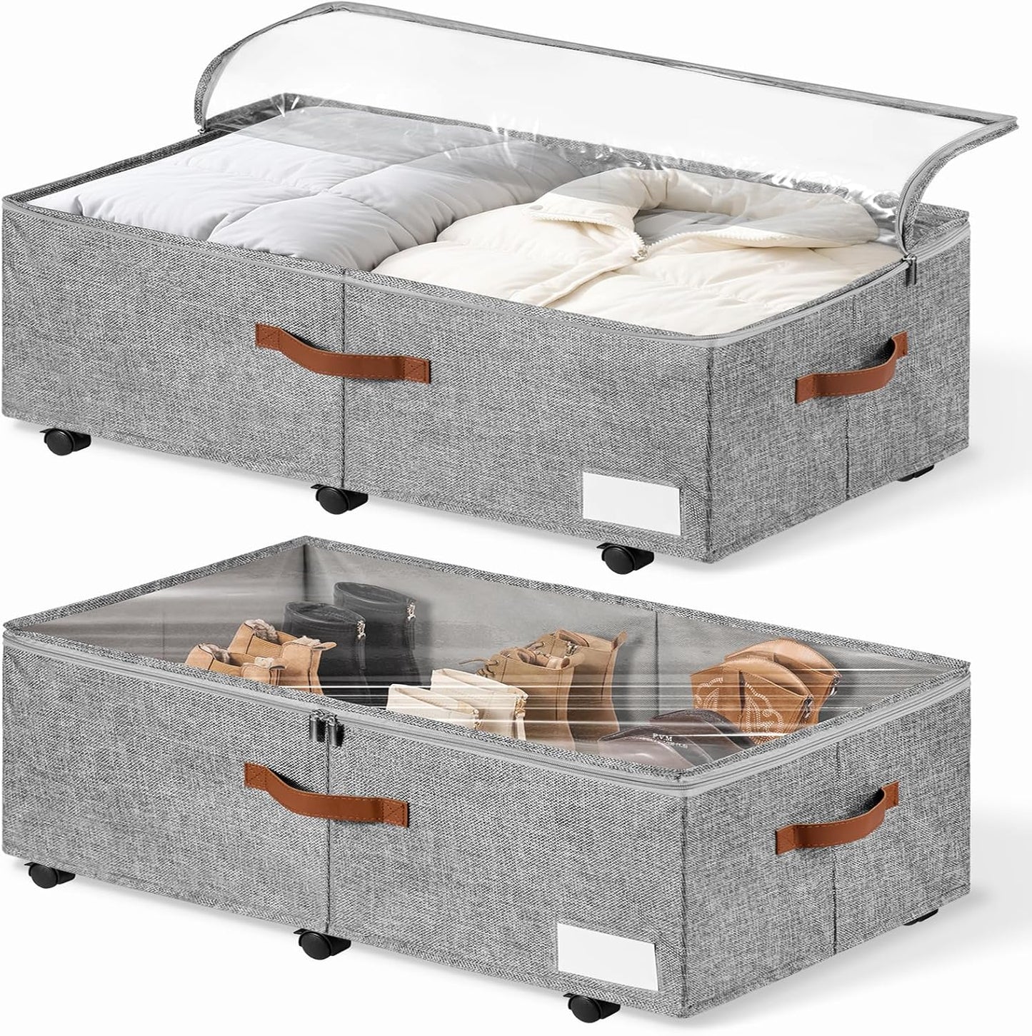 6 Inches Under Bed Storage with Wheels Pack of 2, Underbed Shoe Storage Container Bin with Clear Lid Cover, Rolling Under Bed Drawer Storage Bag Basket for Shoe Organizer Sheet Sweater - White