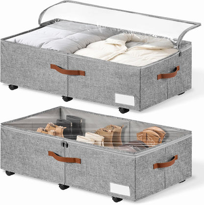 6 Inches Under Bed Storage with Wheels Pack of 2, Underbed Shoe Storage Container Bin with Clear Lid Cover, Rolling Under Bed Drawer Storage Bag Basket for Shoe Organizer Sheet Sweater - White