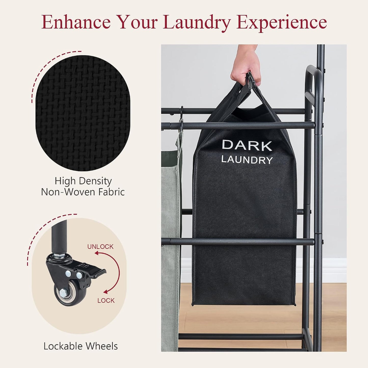 Tajsoon Laundry Hamper with Hanging Rack, 3 Section Laundry Sorter with Heavy Duty Lockable Wheels, Laundry Basket Organizer for Dirty Clothes Storage, 3 Beige