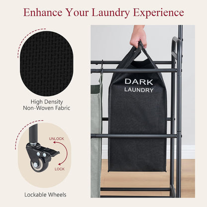 Tajsoon Laundry Hamper with Hanging Rack, 3 Section Laundry Sorter with Heavy Duty Lockable Wheels, Laundry Basket Organizer for Dirty Clothes Storage, 3 Beige