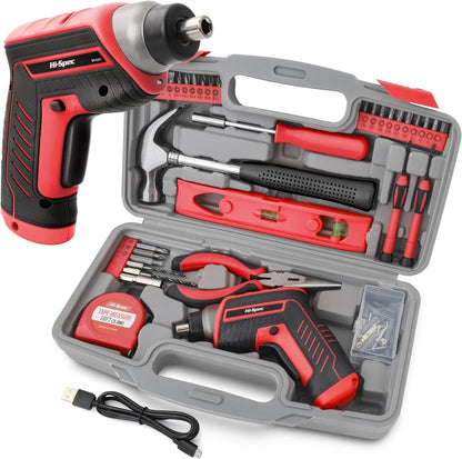 Hi-Spec Tool Kit with 3.6V USB Small Electric Screwdriver Set, Pink Drill Set for Women, Tool Kit for Home