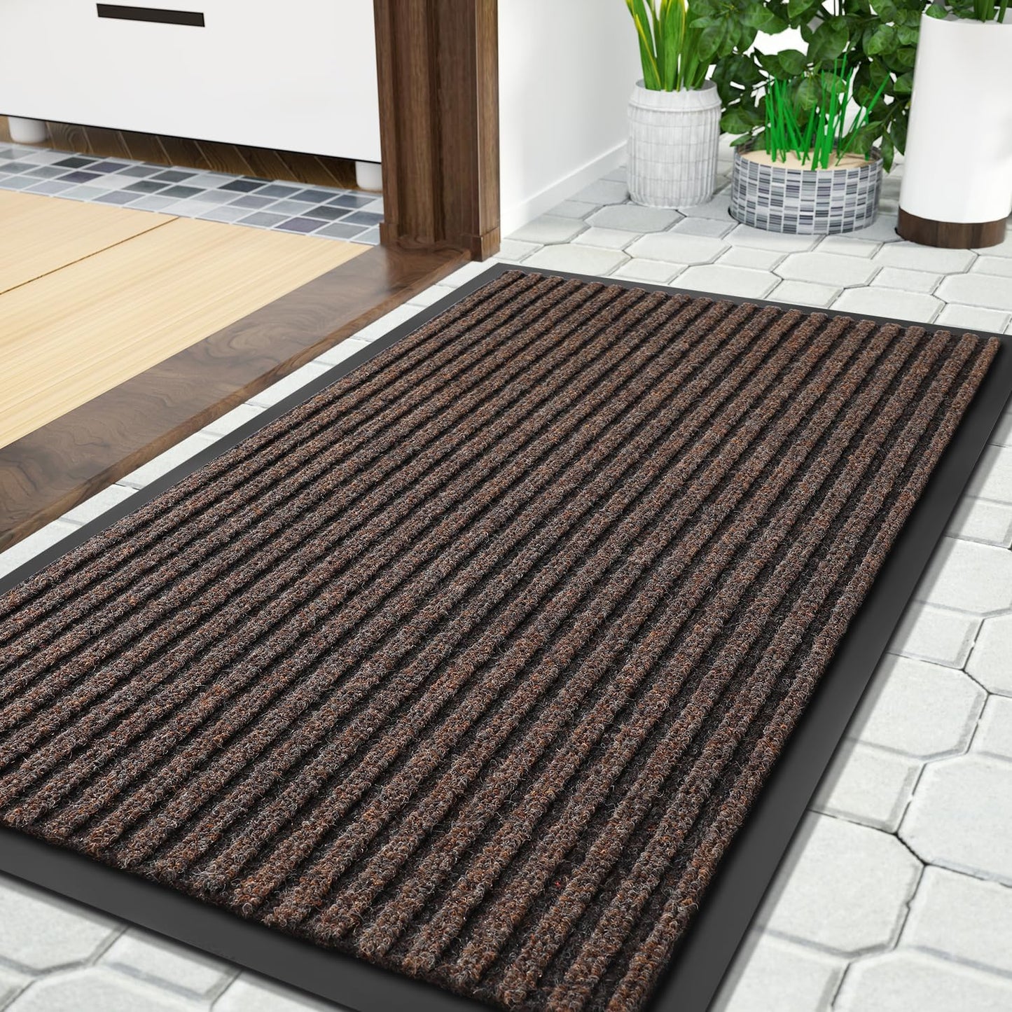Yimobra Welcome Mat, Heavy Duty Sturdy Door Mats for Home Entrance Outdoor Indoor, Front Doormat for Outside Patio Floor Entry Porch Garage Office, Waterproof, Low Profile, 29.5x17, Black Grey