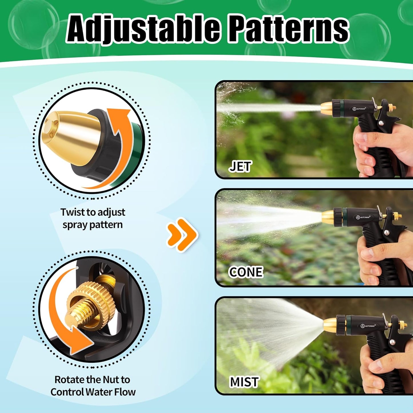 AUTOMAN Garden Hose Nozzle - 100% Metal High Pressure Spray Nozzle, Adjustable Spray Patterns, Labor-Saving, Heavy Duty for Garden Watering, Car Washing, Window Cleaning, Pets Showering