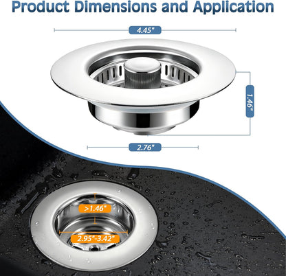 Sink Drain Strainer 3 in 1, 304 Stainless Steel Pop Up Kitchen Sink Stopper with Anti-Clogging Basket, Kitchen Essential Drain Anti-Clog Gadgets, Fits US Standard 3-1/2'' Sink Drain (SUS 304 Brushed)