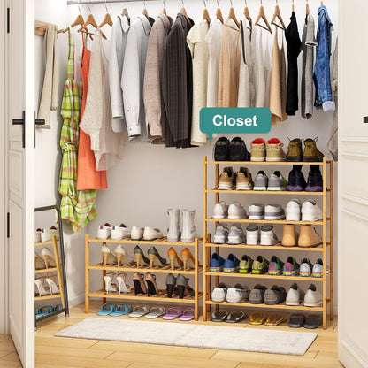 viewcare 3-Tier Black Bamboo Shoe Rack for Entryway, Stackable | Foldable | Natural, Shoe Shelf Storage Organizer for Hallway Closet, Free Standing Shoe Racks for Indoor Outdoor