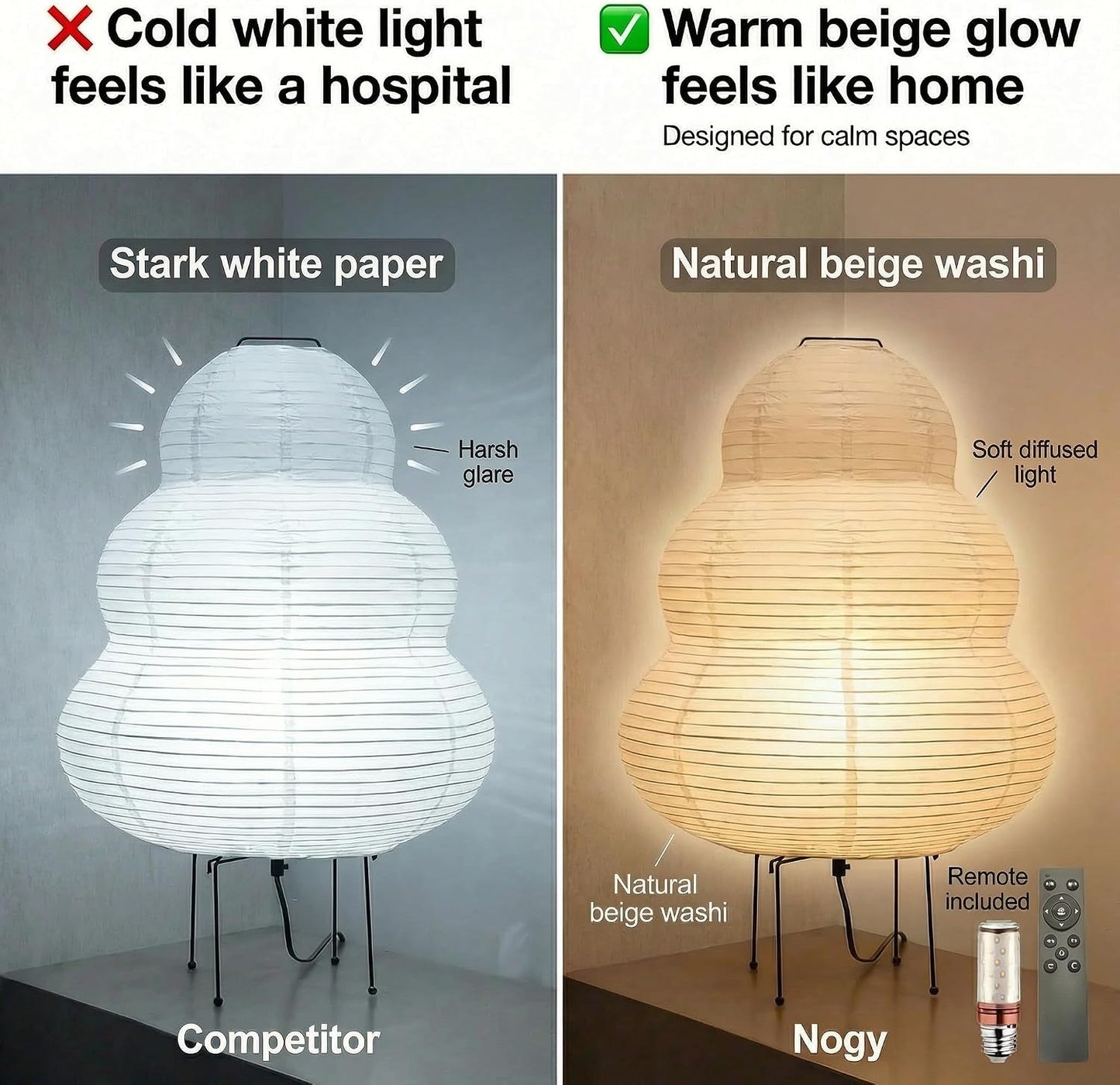 Akari Noguchi Rice Paper Lamp • Japanese Paper Lantern Lamp • Japanese Japandi Floor/Table Lamp for Soft Ambient Lighting (Akari)