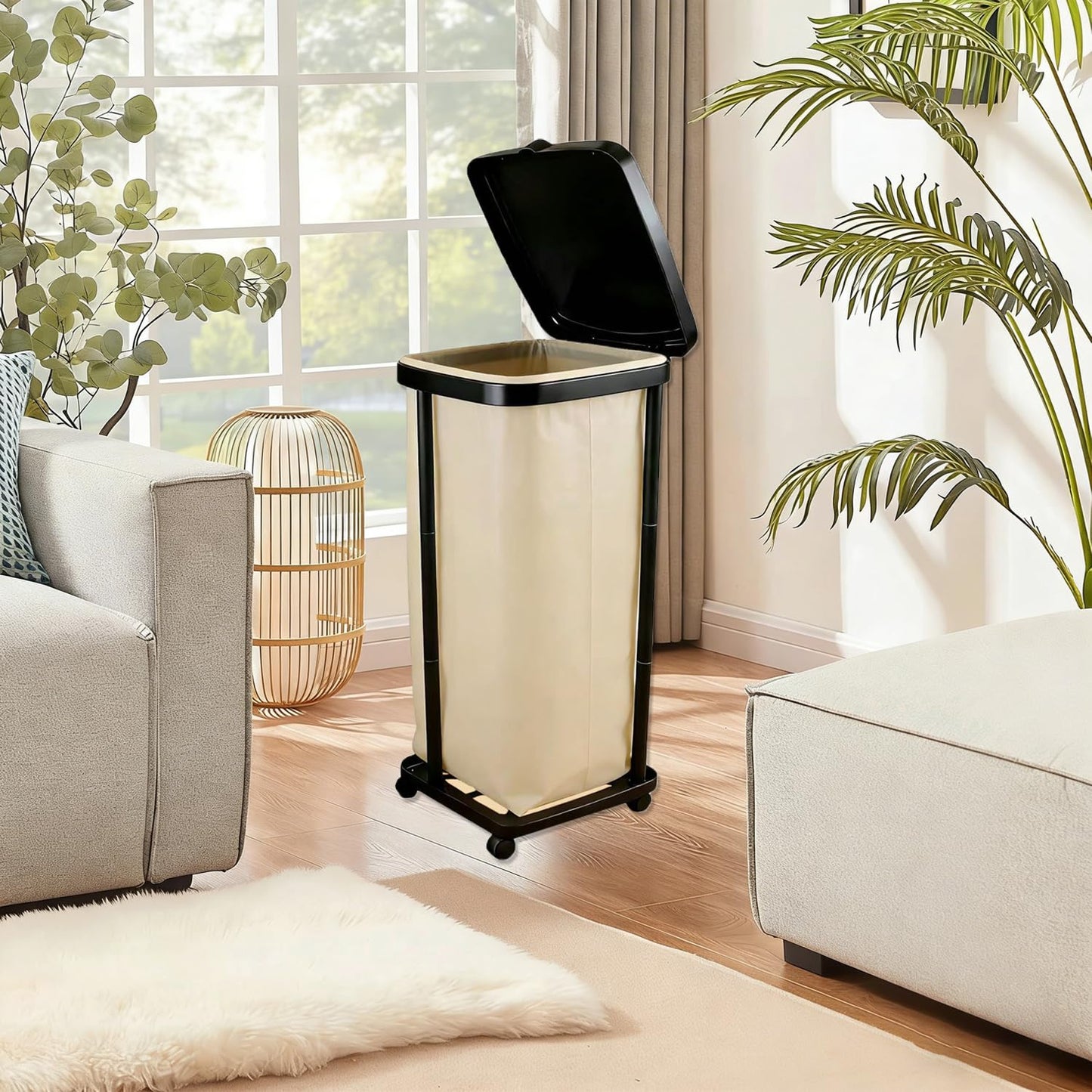 Collapsible13 Gallon Trash Bag Holder Height Adjustable (3 levels) Portable Trash Bag Holder with Lid, Stand with 4-Wheels Plastic Outdoor Trash Can Suitable Kitchen Garbage Can for Outside Indoor