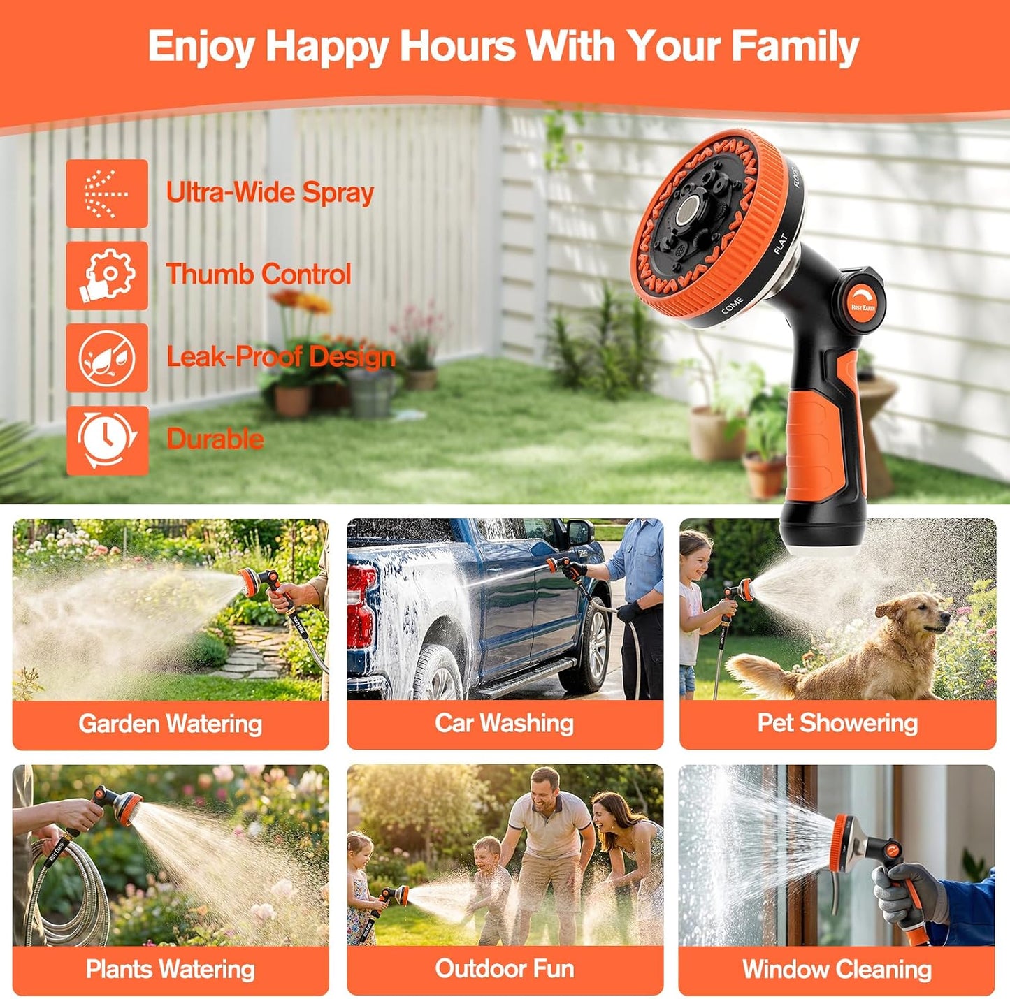 Rosy Earth Garden Hose Nozzle, 3.6" Ultra-Wide Metal Hose Sprayer, Orange