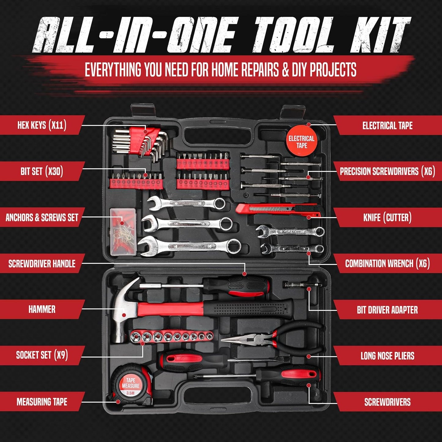 148-Piece Household Tool Kit with Sturdy Case – Carbon Steel Hand Tool Set for Home Repair, Apartment & Garage – DIY Toolbox for Men, Women & Beginners