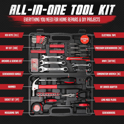 148-Piece Household Tool Kit with Sturdy Case – Carbon Steel Hand Tool Set for Home Repair, Apartment & Garage – DIY Toolbox for Men, Women & Beginners