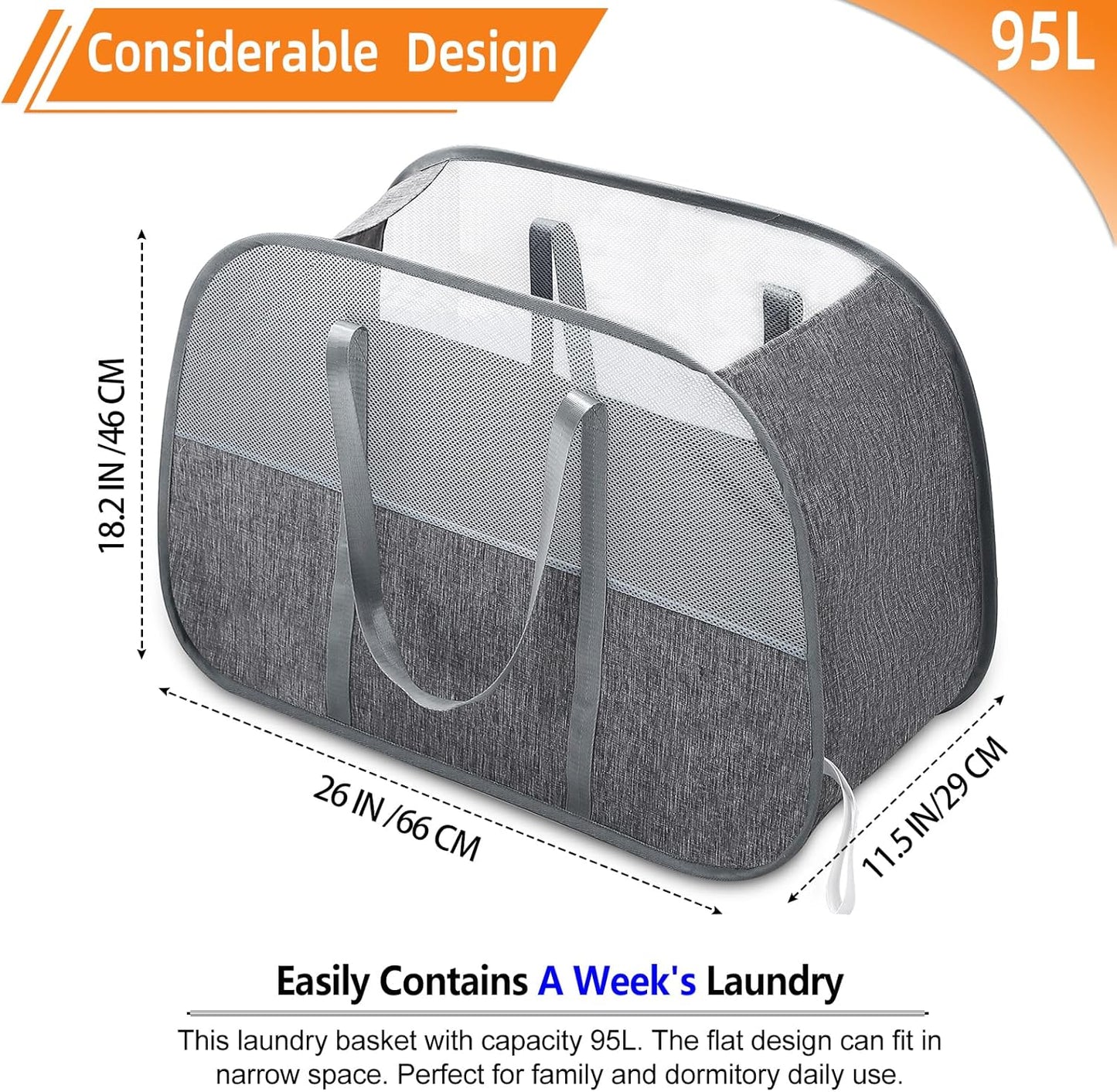 Collapsible Laundry Baskets with 3 Compartment, 150L Tear-proof Pop Up Hamper, Foldable Laundry Basket with Tote Handles, Dirty Clothes Hamper for Laundry, Bedroom, Bathroom, Dorm Grey
