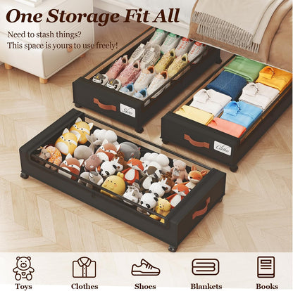 Yecaye Under Bed Storage with Wheels, 2 Pack Under Bed Storage Containers, 60L Underbed Shoe Storage with Clear Window & Label, Rolling Under Bed Metal Drawer for Clothes, Shoes, Books, Blankets