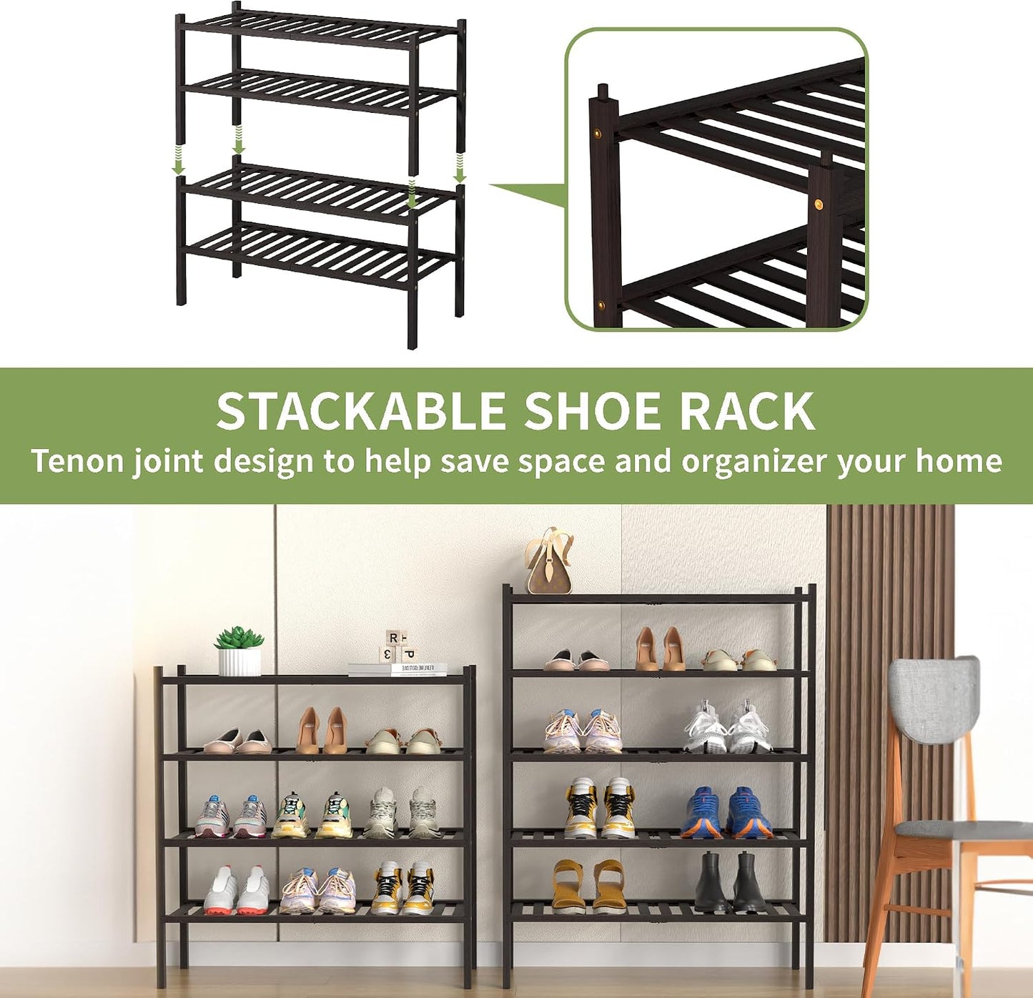 ROMGUAR CRAFT 3 Tier Bamboo Shoe Rack for Closet Free Standing Wood Shoe Shelf Storage Organizer for Entryway Small Space Stackable 27"x11"x20" (Natural)