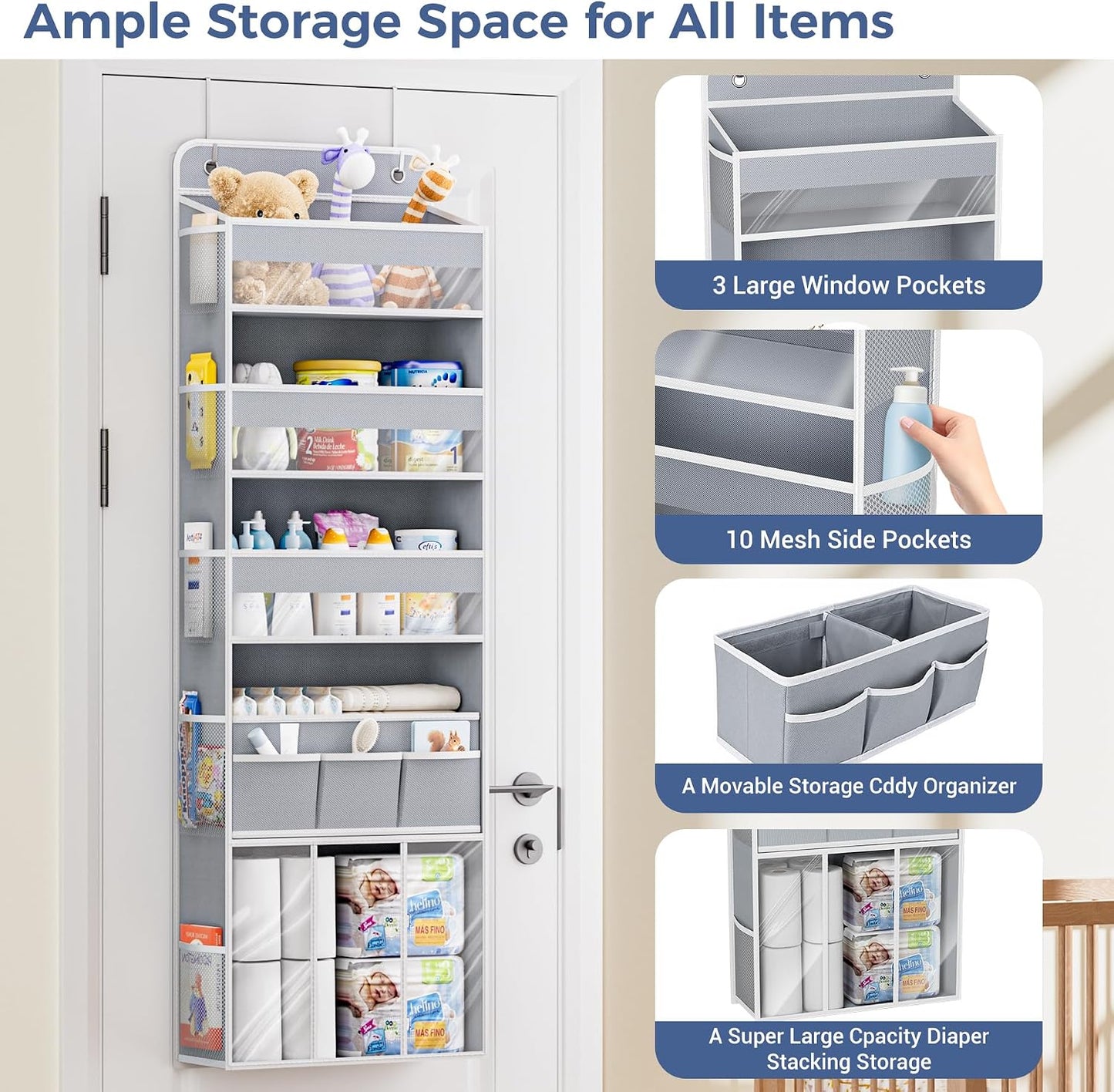 COOLBEBE 2-Pack over the Door Organizer, 5-Tier Hanging Storage with Clear Windows & Mesh Side Pockets, Heavy-Duty Nursery Closet Organizer for Baby Essentials, Bathroom, Bedroom, Grey