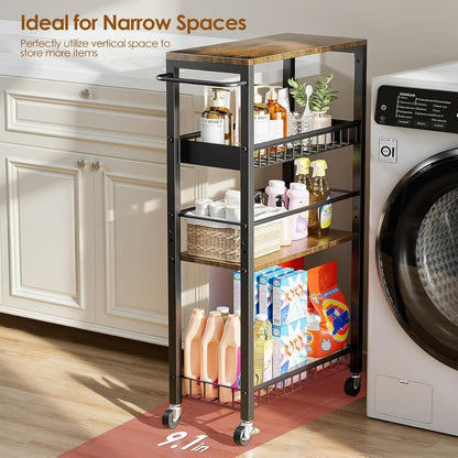 Slim Storage Rolling Cart, 4 Tier Narrow Cart with Wheels, Metal Kitchen Rolling Cart for Small Spaces, Slide Out Storage Shelves for Kitchen, Laundry Room, Bathroom, Living Room, 7.1in(W)