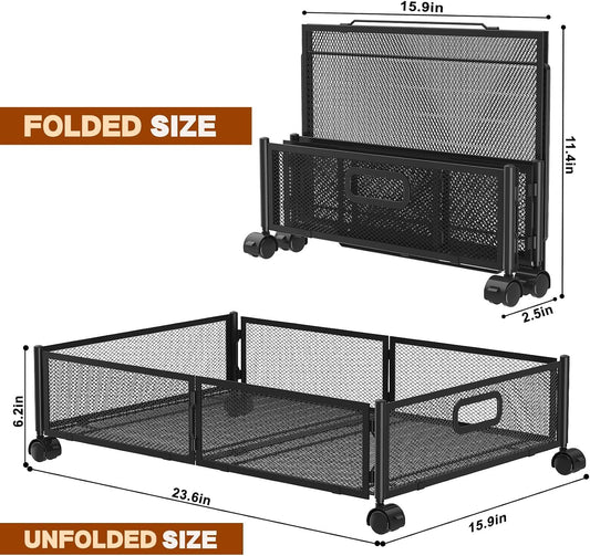 Under Bed Storage Containers,2 Pack Foldable Underbed Storage Containers with Handles and Wheels,Folding Bed Shoes Clothes Organizer,Easy Assembly Underbed Storage for Toy ,Bedding,Bedroom(Black)