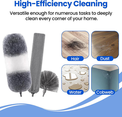 Extra-Long Dusters Kits with Extension Pole, Cobweb Duster, Microfiber Dusting Clothes for Gap, 5 in 1 Cleaning Tools with Extendable Long Handle, Blinds, High Ceilings and Fans, Cars and Furniture
