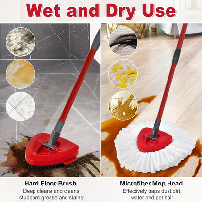 Spin Mop Handle,Mop Replace Heads,Brush and Base Compatible with O Cedar EasyWring 1 Tank,2 Microfiber Mop Refills and Brush,4-Section 30-58" Mop Handle,Mop Base Combo Set for Wet/Dry Floor Cleaning