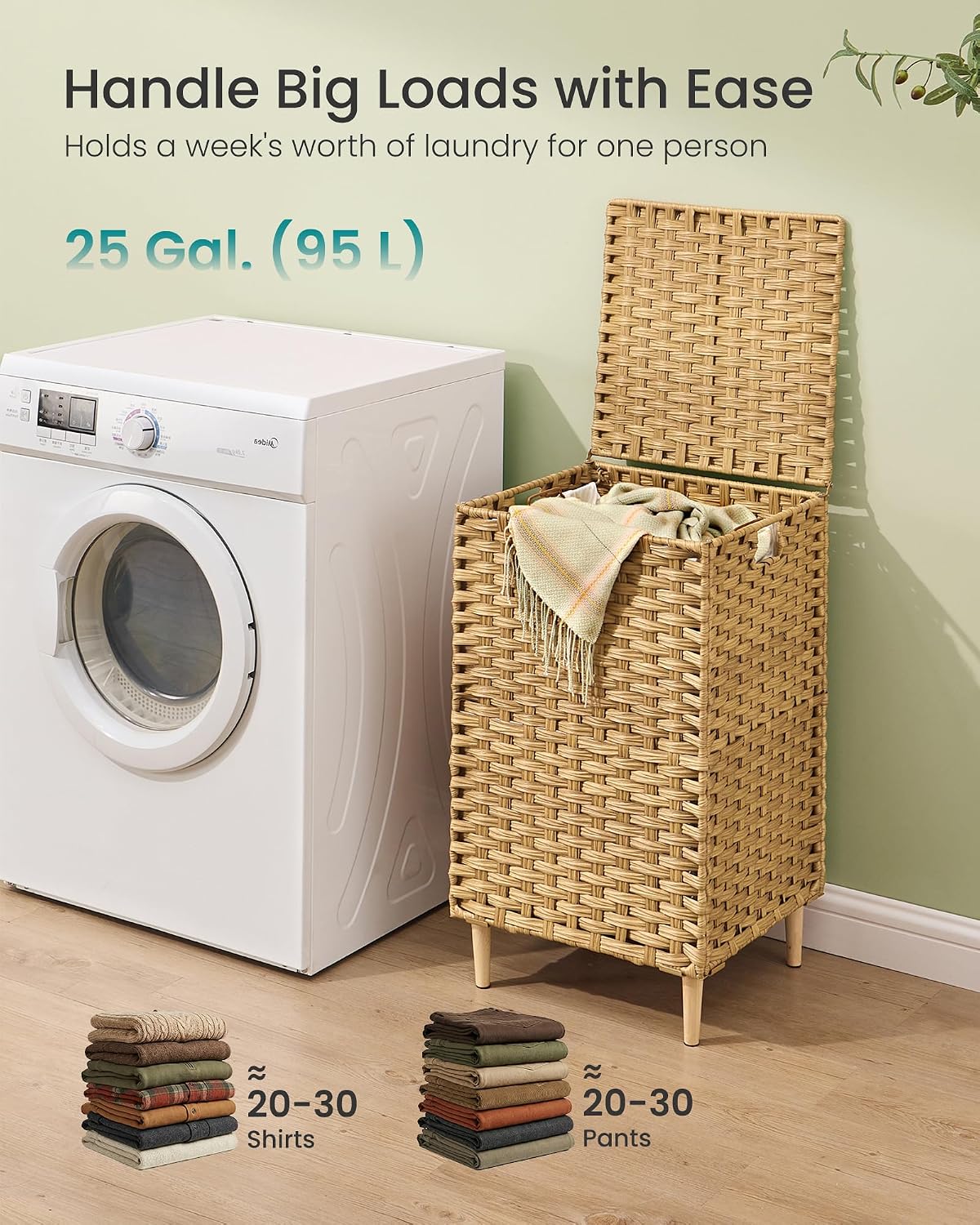 SONGMICS 3-Section Laundry Hamper with Lid, 42.2 Gal (160L) PE Rattan Laundry Basket with Removable Washable Liners, for Bedroom & Living Room, Chestnut Brown ULCB223ME01