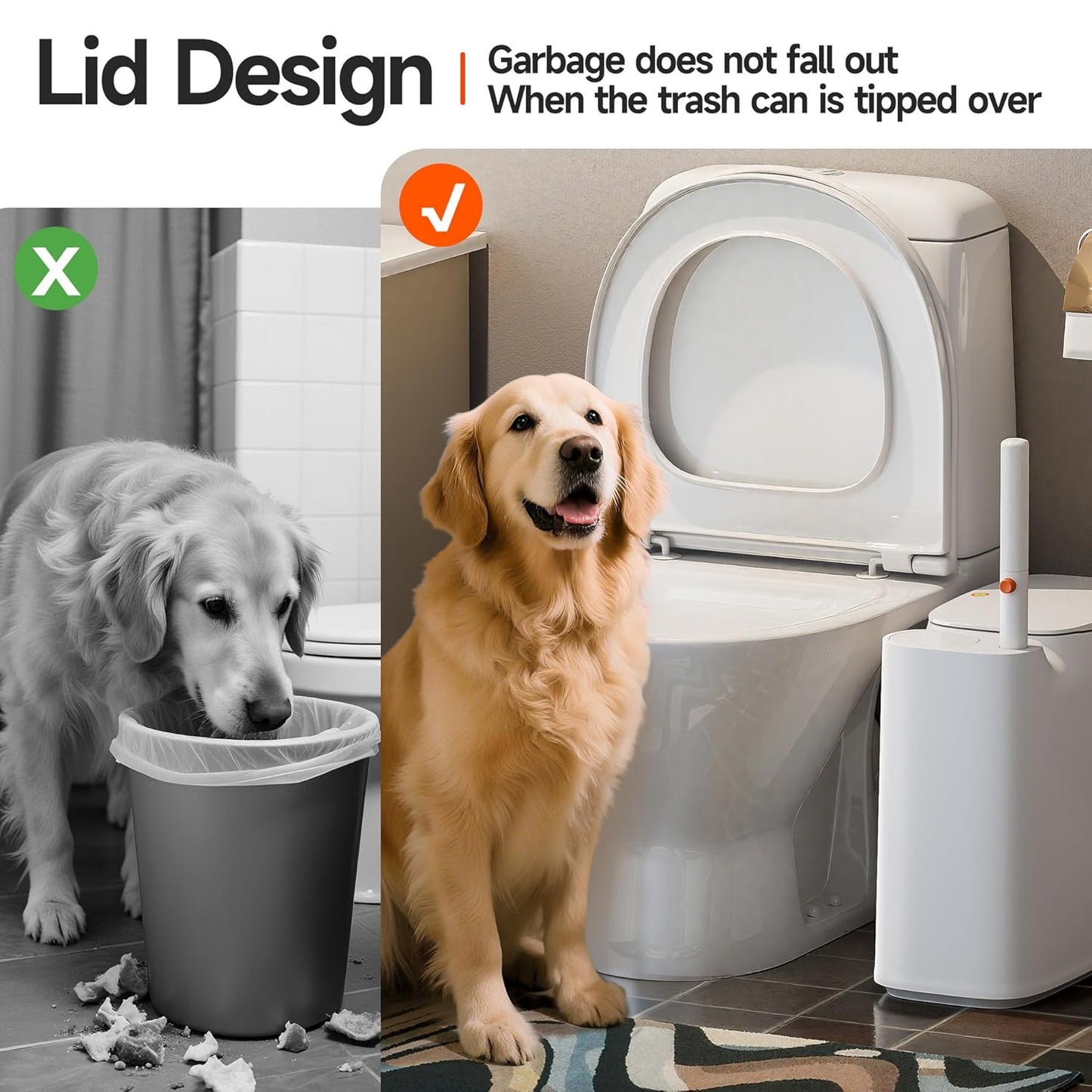 CTIME Bathroom Trash Can Set - Narrow White Plastic Small Trash can, a Toilet Wand, Toilet Brush Holder and 36 Refills, 2 Gallon Trash can with pop-up lid, Suitable for bathrooms and Small Toilets.
