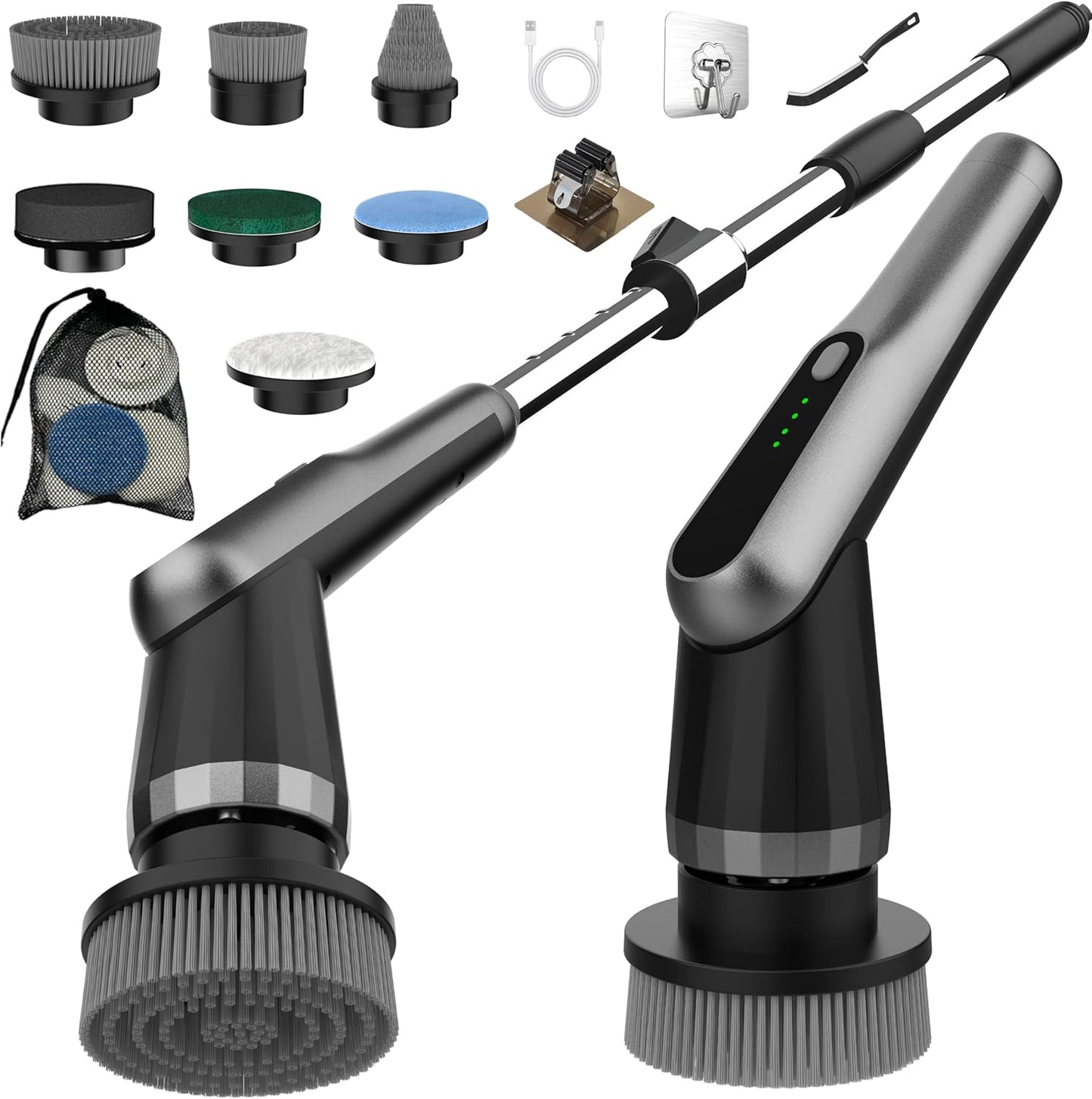 Electric Spin Scrubber, Cordless IPX7 Waterproof, Dual Speed Shower Scrubber with Adjustable Long Handle, 7 Replaceable Brush Heads for Tub and Floor, Bathroom, Kitchen, Window, Car