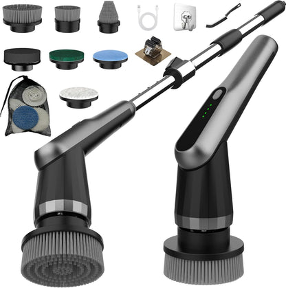 Electric Spin Scrubber, Cordless IPX7 Waterproof, Dual Speed Shower Scrubber with Adjustable Long Handle, 7 Replaceable Brush Heads for Tub and Floor, Bathroom, Kitchen, Window, Car