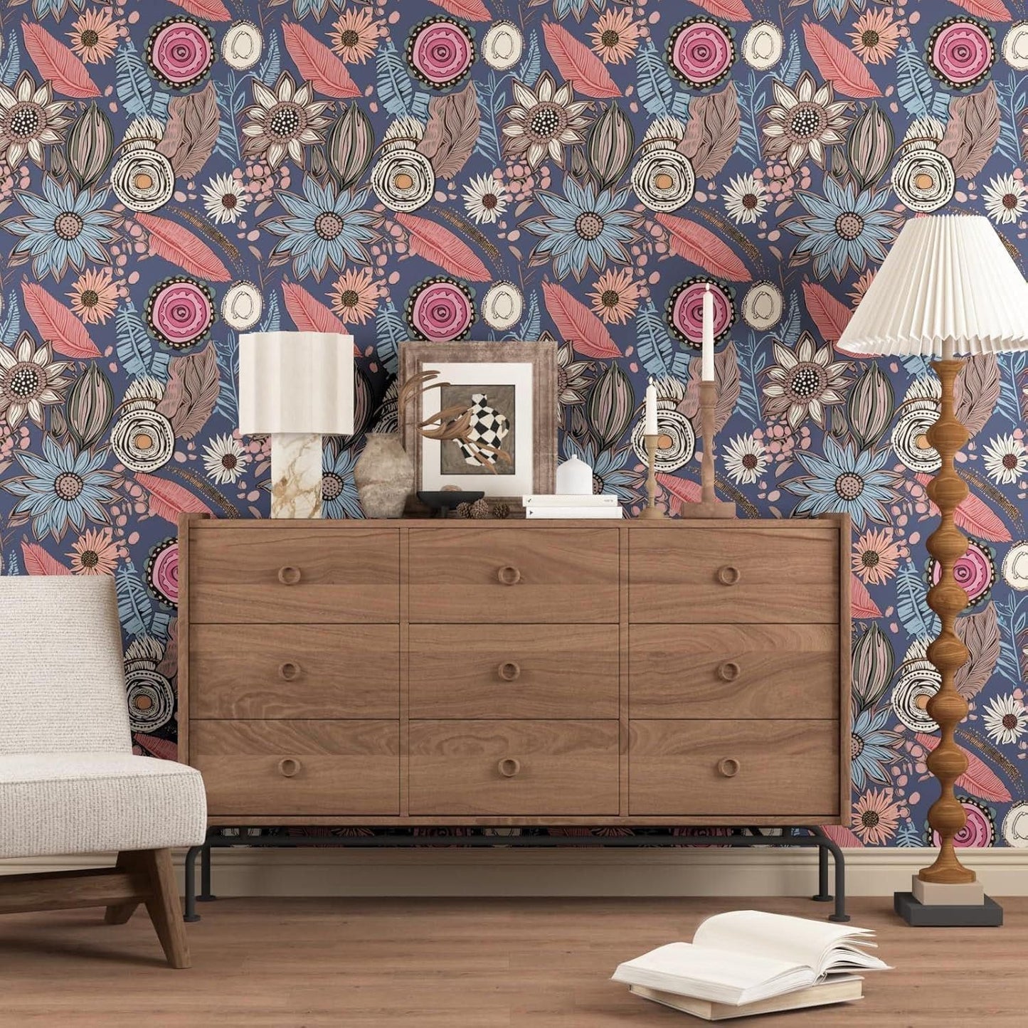 Blue Wallpaper Peel and Stick,Vintage Boho Floral Contact Paper 17.5" x 118", Retro Botanical Flower Wall Paper Self Adhesive Removable Waterproof for Walls Shelves Cabinet Table (Blue,Yellow, Green)