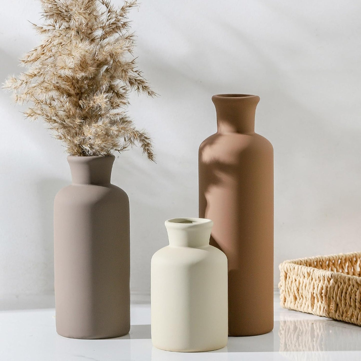Ceramic Vase Set of 3, Decorative Vases Home Decor Modern Neutral Flower Pampass Boho Vase for Living Room, Table, Mantel, Entryway, Bookshelf, Kitchen, Bedroom, Bathroom - White