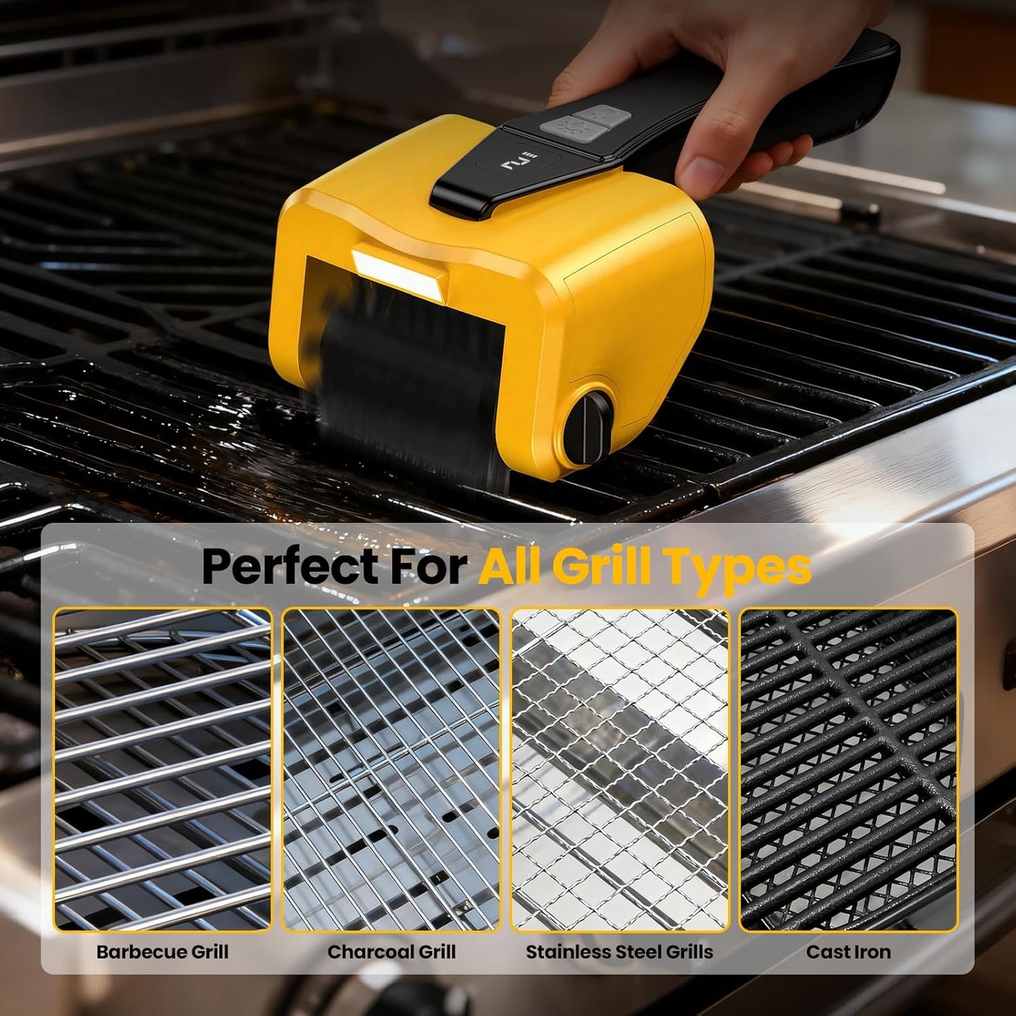 Grill Brush - 4000mAh Electric Grill Brush for Outdoor Grill with Dual-Speed Motor, No Bristle Shedding BBQ Brush Cleaner, Dishwasher-Safe, 90 Mins Working Time with LED Light, As a Ideal Gift
