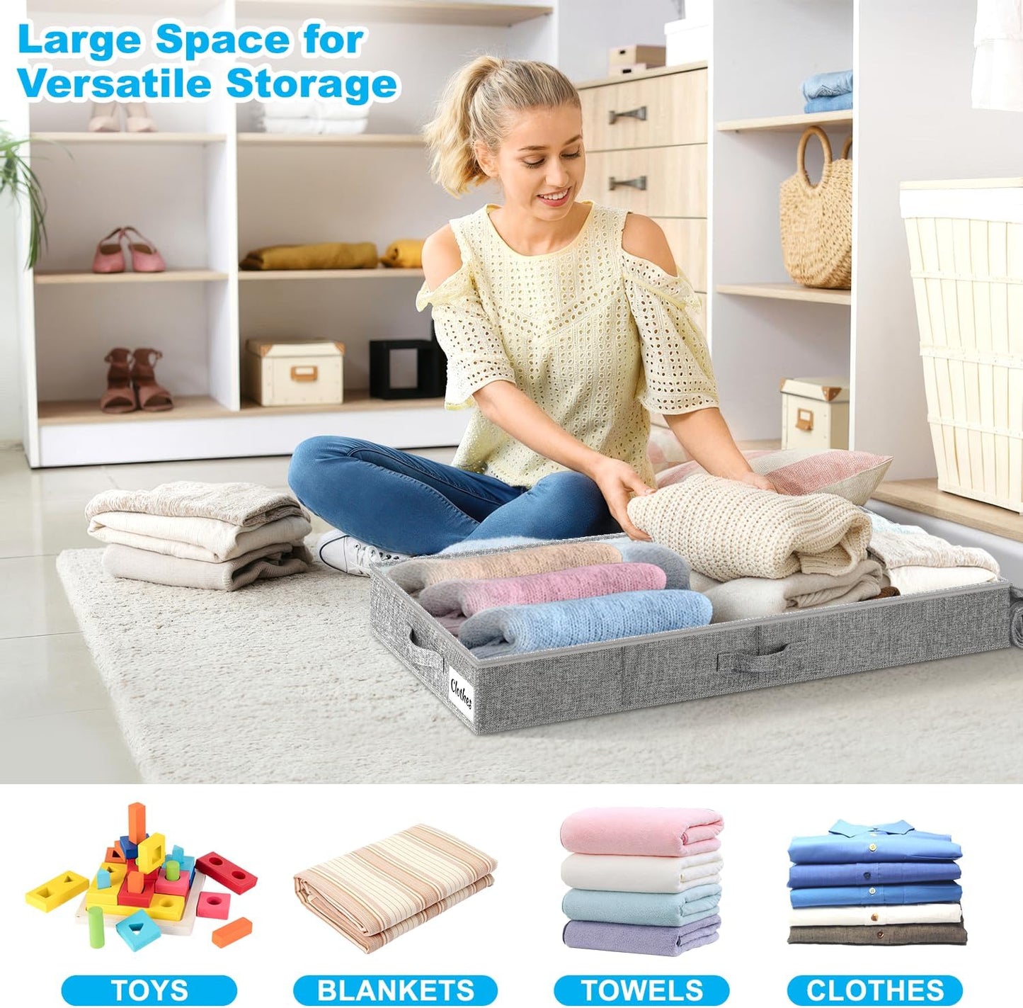 Under Bed Storage Container Bins 2 Pack, Low Profile Foldable Underbed Clothes Storage Organizer W/ Ultra Thick Fabric and Sturdy Bottom/Sides, Dual Zipper Storage Box for Dorm and Home 30x16x6.7"