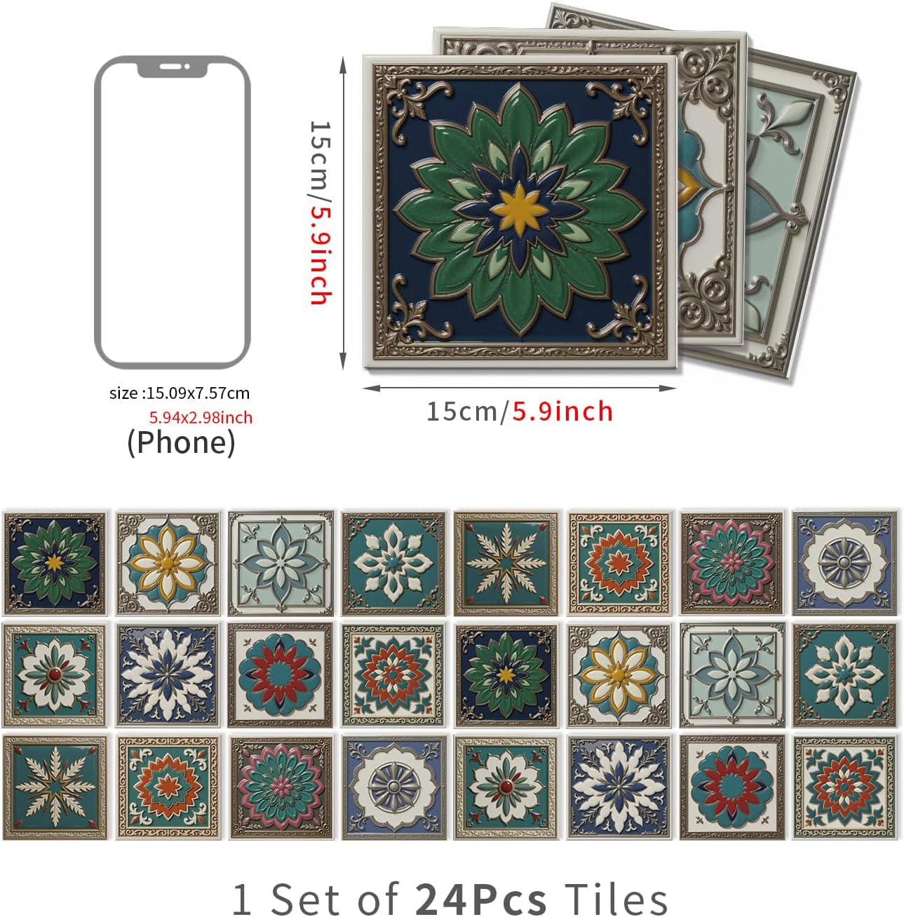 Peel and Stick Backsplash Tile Sticker for Kitchen and Bathroom Walls - 24 Removable 5.9"x5.9" Tiles, Waterproof