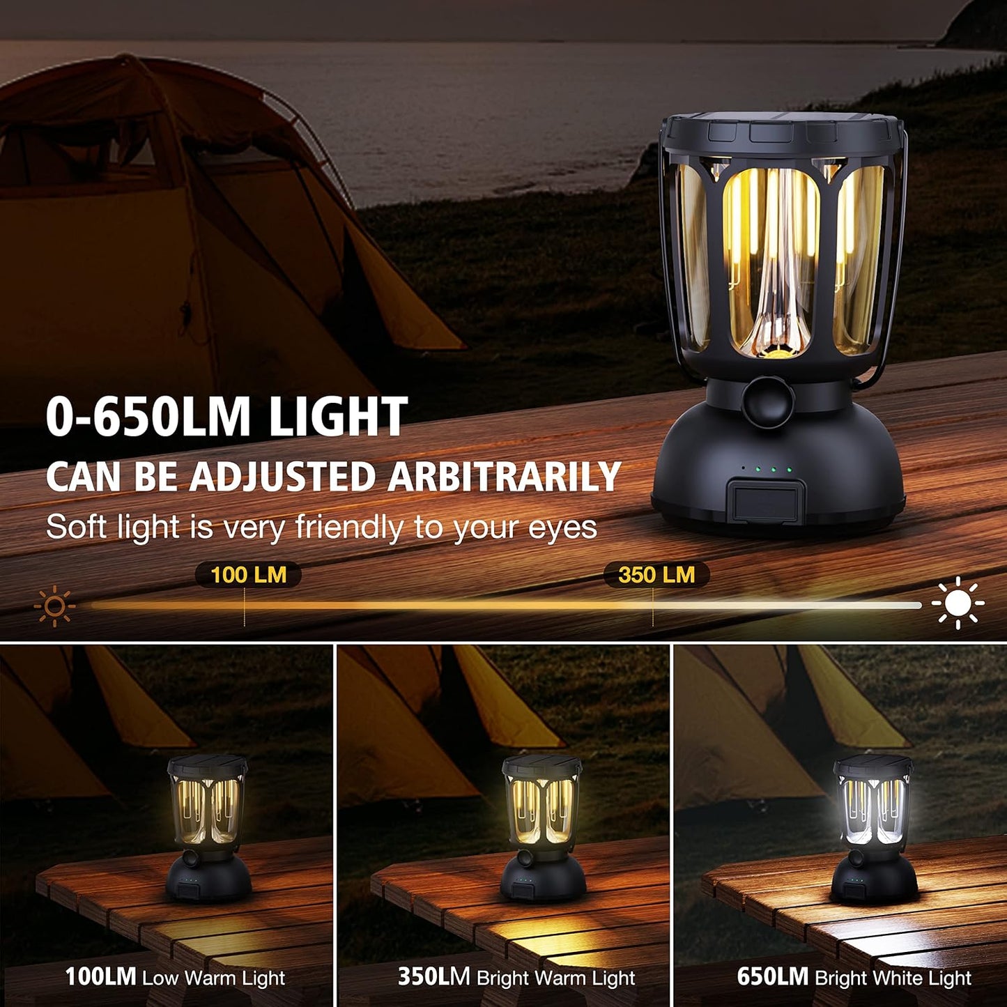 Raynic 6000 LED Camping Lantern, 650LM Hand Crank Solar Battery Powered Rechargeable Lantern, Emergency Lights for Home Power Failure, Hurricane, USB Cable Included