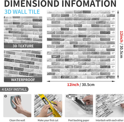 URCOLOR 10-Sheet Peel and Stick Backsplash Tile for Kitchen - 12”×12” Stick on Wall Tile for Bathroom, Black White Grey