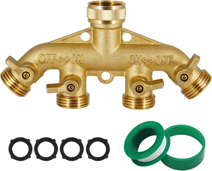 Lifynste 4 Way Brass Hose Splitter, 3/4" Brass Hose Faucet Manifold, Garden Hose Adapter Connector