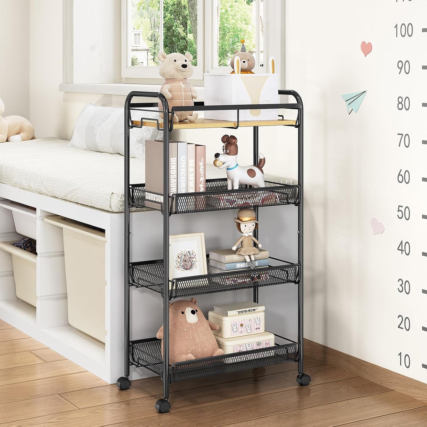 TOOLF 4-Tier Slim Rolling Cart, Metal Utility Cart, Slide Out Storage Cart with Wooden Tabletop and Mesh Baskets for Narrow Space on Kitchen Bathroom Laundry Room Bedroom Apartments Dormitory