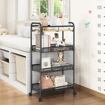 TOOLF 4-Tier Slim Rolling Cart, Metal Utility Cart, Slide Out Storage Cart with Wooden Tabletop and Mesh Baskets for Narrow Space on Kitchen Bathroom Laundry Room Bedroom Apartments Dormitory