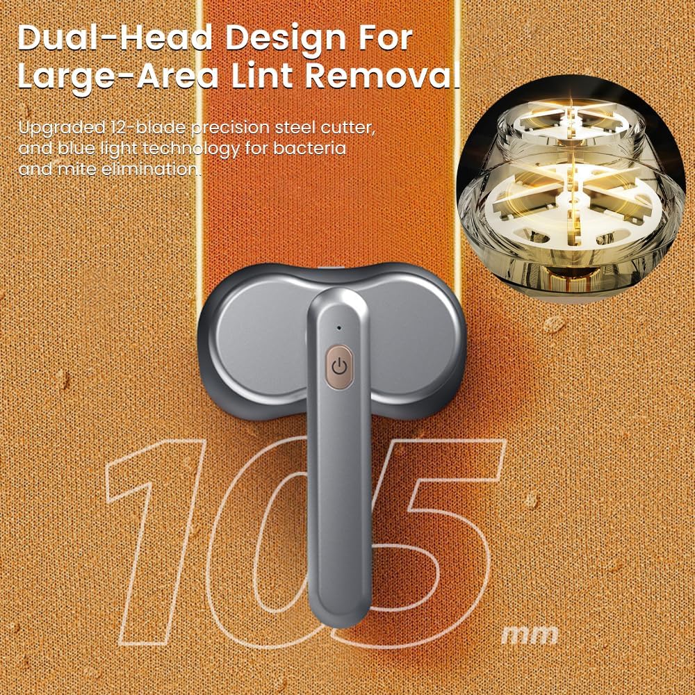 HomeBeyond Dual-Head Fabric Shaver, Electric Lint Remover, Rechargeable Lint Shaver, Sweater Shavers to Remove Pilling,6 Leaf Blades Defuzzer, 90° rotatable Handle for Clothes Couch Furniture