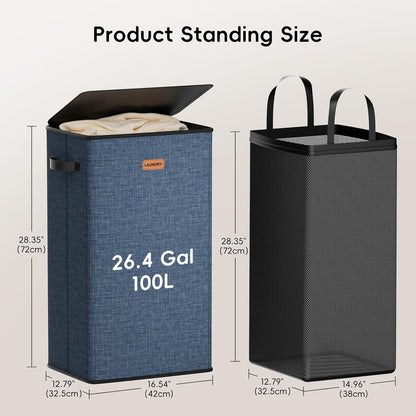 185L Laundry Hamper 3 Section, Laundry Hamper with Lid, Dirty Clothes Hamper with 3 Removable Washing Bags, Extra Large Laundry Basket Organizer for Bedroom, Laundry Room, Dorm - Black