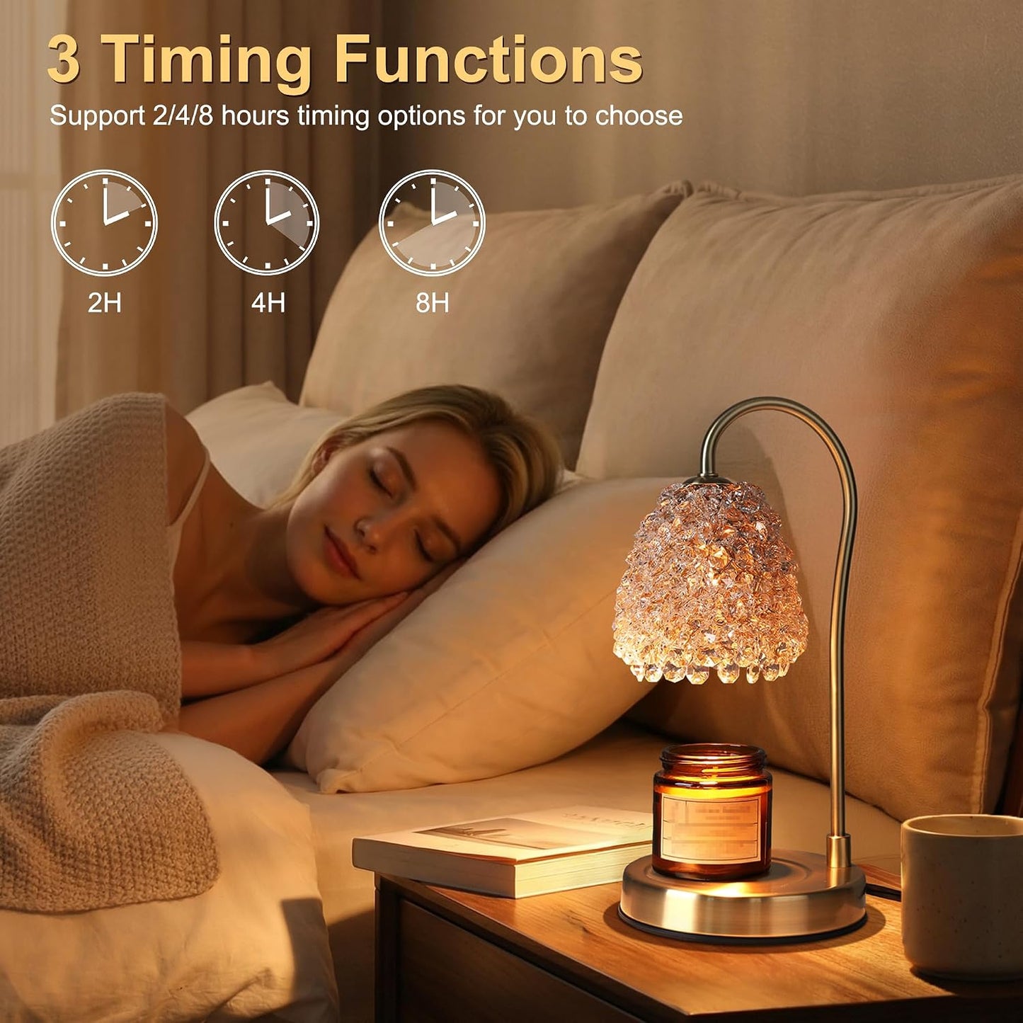 Candle Warmer Lamp with Timer Dimmer, Crystal Candle Lamp Birthday Gifts for Women, Mom, House Warming Gifts Wax Melt Warmer for Jar Candles with 2 Bulbs, Gold