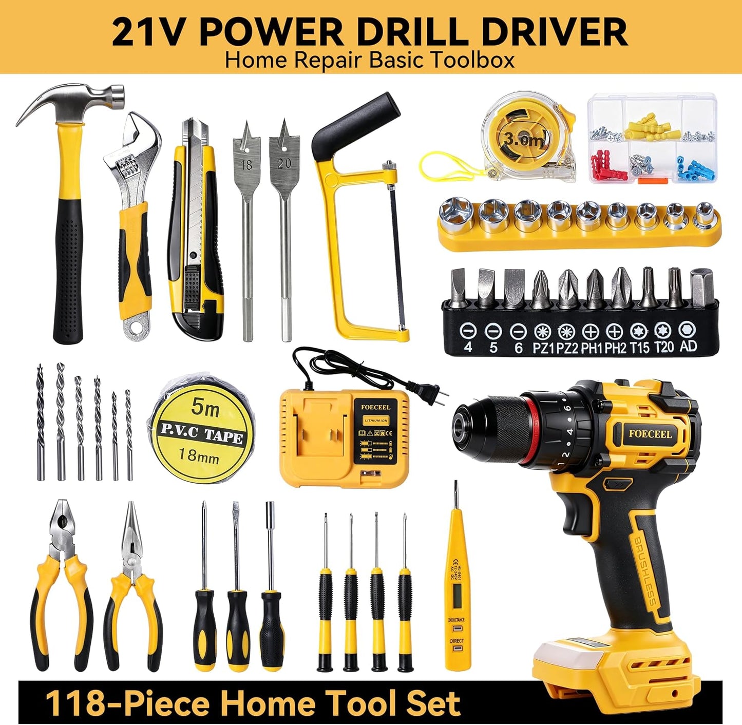 21V Brushless Cordless Drill Set, 35N.m Max Torque | 118Pcs Household Tool Kit, 2×21V 2.0Ah Batteries, Fast Charger, 2 Variable Speed, 20+3 Clutch Settings, Home Repair, DIY Gift