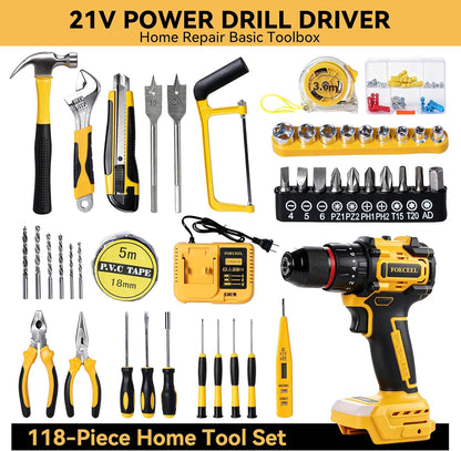 21V Brushless Cordless Drill Set, 35N.m Max Torque | 118Pcs Household Tool Kit, 2×21V 2.0Ah Batteries, Fast Charger, 2 Variable Speed, 20+3 Clutch Settings, Home Repair, DIY Gift