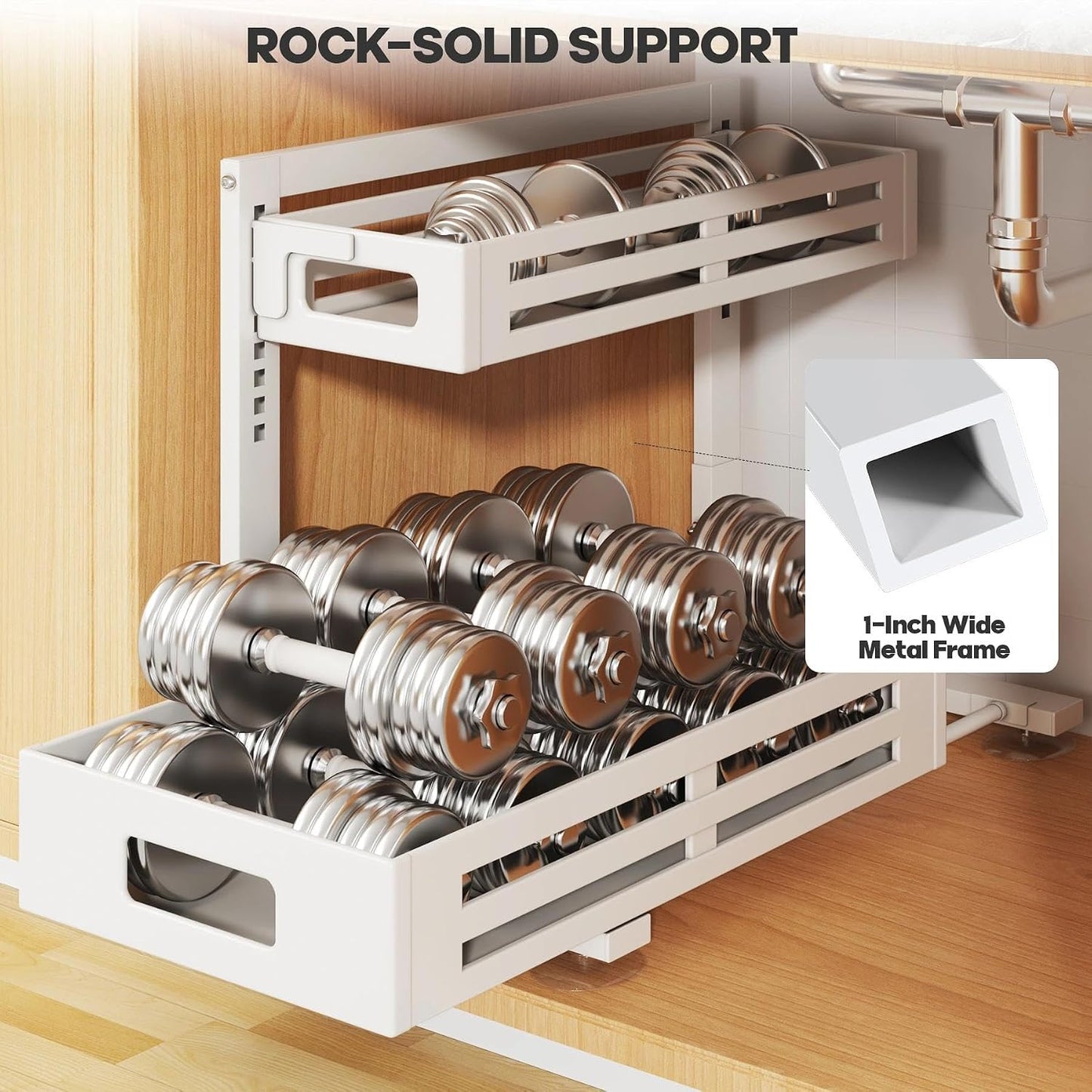 2 Pack Under Sink Organizer,Pull Out Cabinet Organizer with Smooth Cylindrical Rail,Metal Slide Out Drawer for Kitchen Bathroom Laundry Cabinet,8-Level Tool Free Height Adjustable-Black