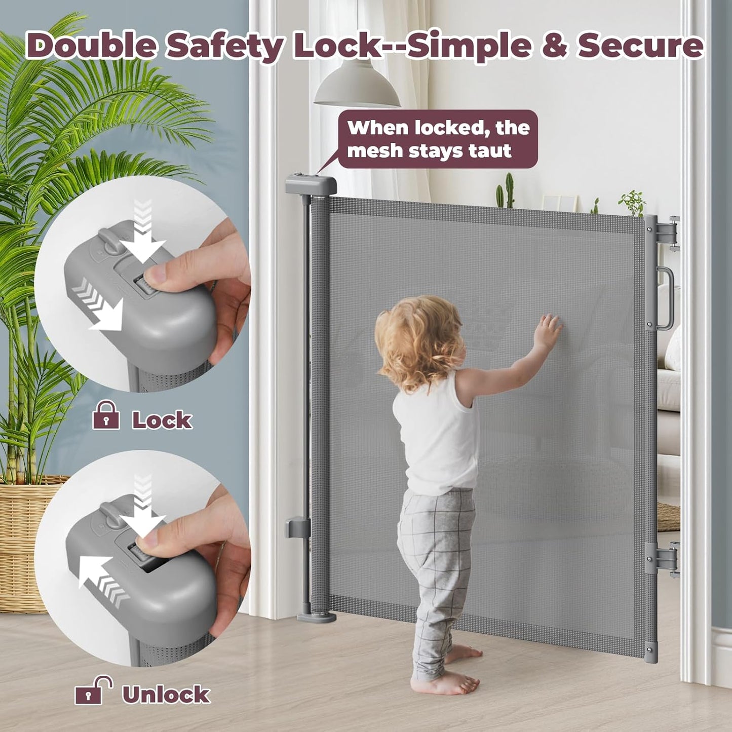 Retractable Baby Gate for Stairs & Doorways, Mesh Dog Gate Indoor Outdoor, Extends to 55" Wide 34" Tall Child Gate for Hallways, Deck, Porch, Pet Toddler Safety Essentials, Easy Install, Grey